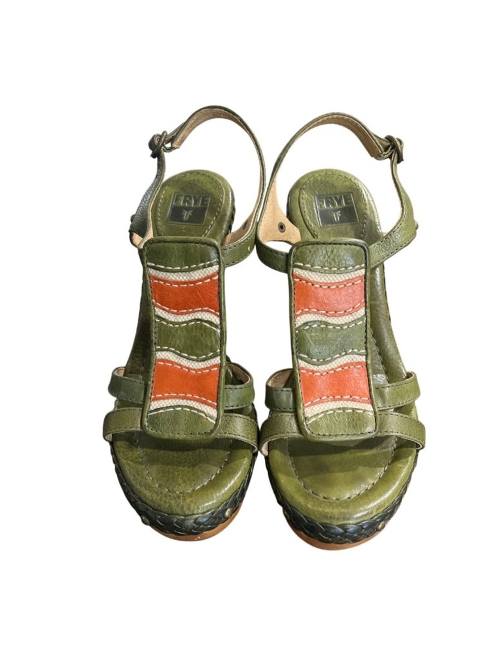 Frye Women Size 6.5 Dara Canvas Leather High Heel Sandals Wood-Heel Green Orange - Picture 4 of 10